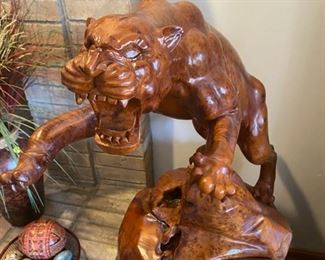 4FT Tall Hand Carved Burl Wood 2-Piece Panther 