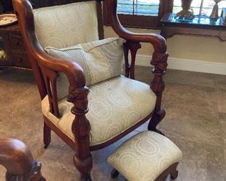 19TH CENTURY CARVED PARLOR CHAIR WITH ANTIQUE STOOL