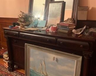 Empire Mahogany sideboard, Ogee mirrors, antique mirrors, vintage art