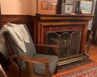 morris chair, antique mahogany empire clock, oriental rug