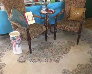 Handmade room size carpet, high backed armchairs