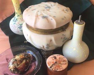 Large Wavecrest collar box . Heisey alexanderite bowl & antique barber bottle