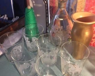 Vintage I. W. Harper etched Decanter & 6 Old Fashion tumblers