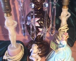 One of two West German Lusters, Pair of Aladdin alacite cherub lamps & Joseph Original figurine