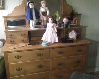 Antique Pine Dresser & '50's cloth dolls