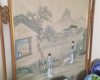 Vintage custom framed Hand-painted Silk. Image 29" x 35"