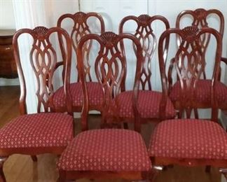 6 Queen Anne Style Dining Room Chairs with Shell carving and Fleur De Lis Upholstery