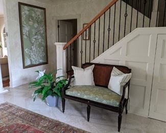 Vintage mahogany/rattan settee, by Milling Road (a division of Baker Furniture Co.), with upholstered seat cushion. 