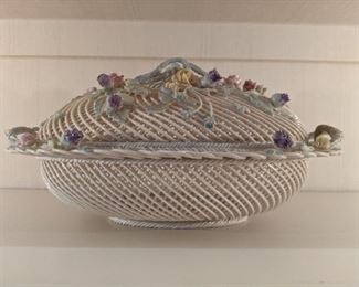 Rare, single pad Belleek 4-strand, 2-handle twig floral laden large covered basket.