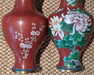 Pair of 16" tall peony design cloisonne vases.