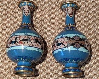 LOVE the color combination/dragons on this pair of 12" tall cloisonne vases.
