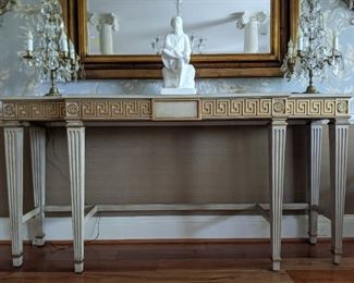 Wooden console table, with gold greek key details, by White Furniture Co. (Mebane, NC) pair of vintage French girandoles and hand-carved Carrera Marble statue.