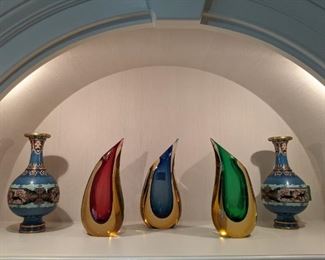 Set/3 Luigi Onesto signed Murano Glass teardrop 10" tall "Sommerso" vases