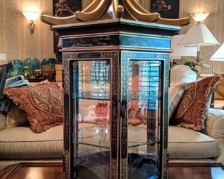 Amazing 3' tall hand-painted black lacquer octagonal Asian display cabinet, with two glass shelves.