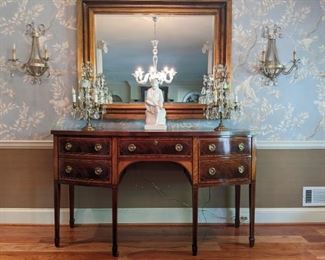 Gorgeous Baker "Historic Charleston Reproduction" collection banded mahogany sideboard.                             This sideboard has stunning mahogany grain and is inlaid with gorgeous satinwood, with oak secondary's.       Brand new, these sideboards cost over $10,000; measures: 38.25"H x 67.5"L x 26D.