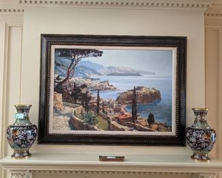 Original oil on board, over fireplace mantel in den, flanked by an important pair of 16" tall cloisonne vases.