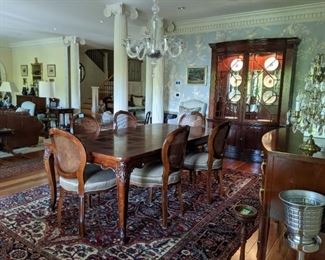 Gorgeous dining room suite, with vintage Henredon French Provincial parquet dining table, with matching chairs, Baker china cabinet, Baker Historic Charleston reproduction sideboard and fabby Persian Heriz rug.