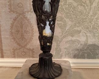One of a pair of vintage bronze/marble boudoir lamps, with hand-blown opaline glass ruffled shades.