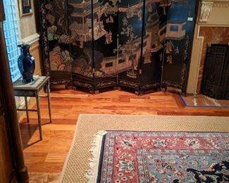 Vintage hand-painted/carved black lacquer 6-panel, double-sided room divider, with brass feet.