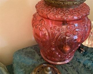 Antique Cranberry Oil Lamp, Electrified 