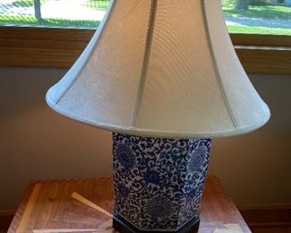 Vintage Hand Painted Chinese Blue/White Linen Shade Table Lamp