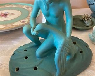 Mid Century Van Briggle  Lady with Swan Flower Frog, NO BOWL. Ming Blue Glaze. Signed 