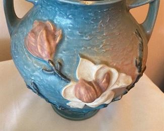 Vintage Roseville Blue Magnolia Double Handle Vase. As Found