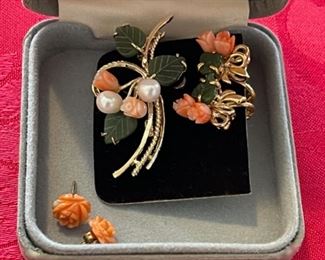 $60.00....................Vintage Coral and Pearl Pin and Earrings (B895)