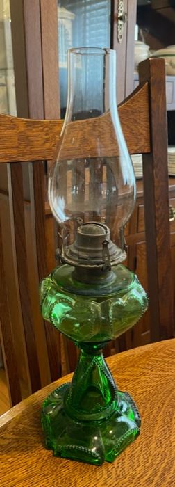 $30.00....................Vintage Green Oil Lamp (B903)