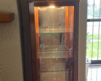 HALF OFF !  $150.00 NOW, WAS $300.00...........Curved Glass Curio Cabinet with Leaded Glass and Light, 20" x 14", 68" tall (B266)