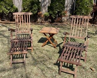 $200.00.................Pair of Folding Steamer Lounge Chairs, Teak? Redwood? Small table included