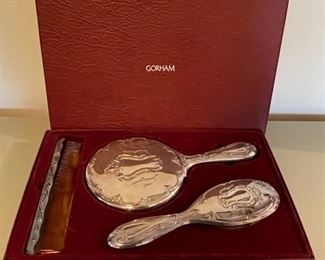 $30.00...................Silver-plate Gorham Mirror, Comb and Brush Set with original box (B164)