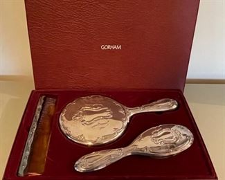 REDUCED!  $22.50 NOW, WAS  $30.00...................Silver-plate Gorham Mirror, Comb and Brush Set with original box (B164)