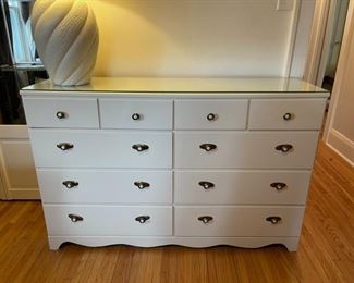 $45.00....................White Dresser with glass top 52 1/2" x 15", 34" tall (B167)