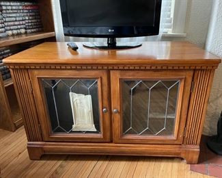 $50.00.....................Leaded Glass Console Cabinet, as is as you see from picture some glass needs repair 46" x 23", 29" tall (B258)