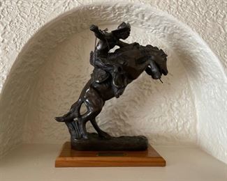 REDUCED!  $187.50 NOW, WAS $250.00...............12" tall "Bronco Buster" Frederic Remington Bronze Statue , reins as is (B268)