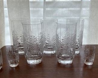 HALF OFF !  $62.50 NOW, WAS   $125.00...............Iittala Kuusi Spruce Tree Finish Glassware, 5 Glasses heavy base,  5 1/2" tall 4 shot glasses 2 1/2" tall (B344)