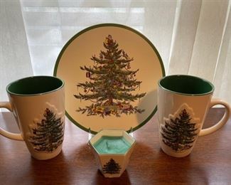 $16.00...................Spode Christmas Tree Large Mugs, Candle and Platter (B337)