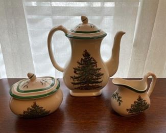 REDUCED!  $30.00 NOW, WAS   $40.00.................Spode Christmas Tree Coffee Pot, Creamer & Sugar Set (B328)