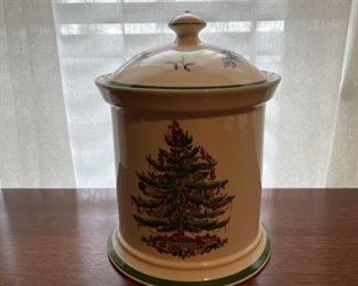 REDUCED!  $22.50 NOW, WAS   $30.00.................Spode Christmas Tree Cookie Jar 9 1/2" tall (B327)