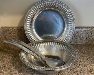 HALF OFF !  $25.00 NOW, WAS   $50.00...........Armetale Flutes and Pearls Pewter Salad Bowl & Platter with serving set, Bowl is 12” diameter,  RWP Pewter (B309)