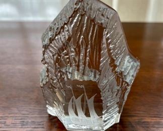 REDUCED!  $12.00 NOW, WAS   $16.00..........Heavy Crystal Ship Motif Paperweight , 4 3/4” tall small chip  as is (B281)