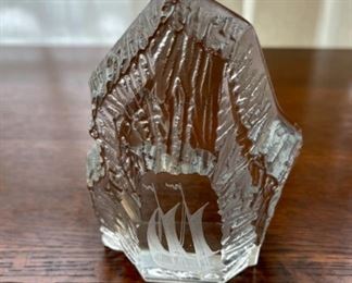 $16.00..................Heavy Crystal Ship Motif Paperweight , 4 3/4” tall small chip as is (B281)