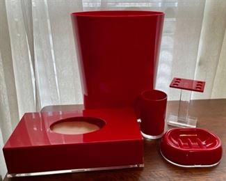 CLEARANCE!  $6.00 NOW, WAS $25.00................Red Bathroom Soap Dish, Toothbrush Holder, Tissue Box, Cup and Waste Can lot (B384)