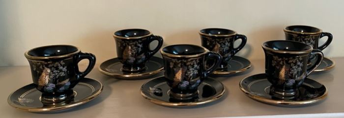 CLEARANCE!  $5.00 NOW, WAS  $20.00...............6 Demi Cups & Saucers, marked hand made in Rhodes by Kinoys in 24 k gold trim (B392)