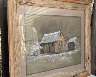 REDUCED!  $60.00 NOW, WAS  $80.00............Primitive Barn Picture, chalk, Signed L Veeder ‘74       35 1/2” x 30” (B605)