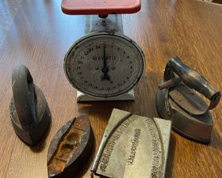 $20.00...................Vintage Kitchen Scale and Irons (B689)