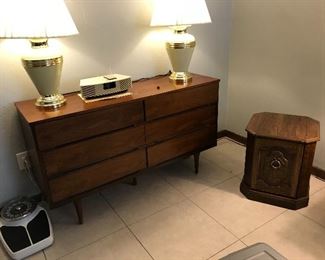 Mid-Century 6 Drawer Dresser, Pair of Lamps, Bose Speaker, Storage Cabinet & Health-O-Meter Floor Scale