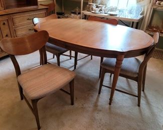 Mid century dining table and chairs, six chairs and leaf