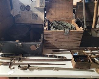 Military field phone, bayonets,  old western film . 